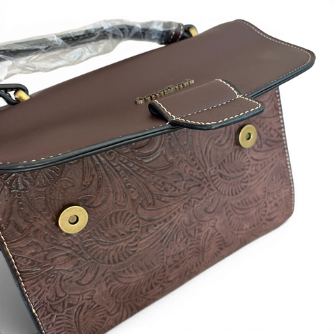 Cotton Road Handbag in coffee brown PU leather with embossed botanical panel and antique brass hardware