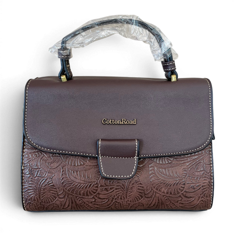 Cotton Road Coffee Brown Embossed PU Leather Handbag and Matching Wallet Set with botanical design and antique brass hardware