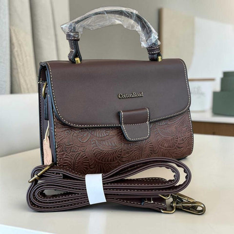 Cotton Road Coffee Brown PU leather handbag with embossed botanical panel and antique brass hardware
