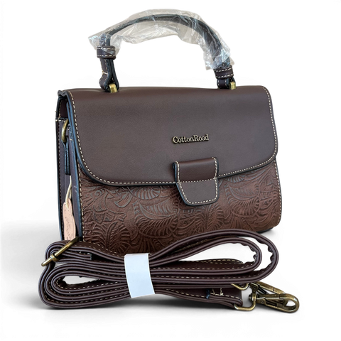 Cotton Road coffee brown PU leather handbag with embossed botanical panel and antique brass hardware