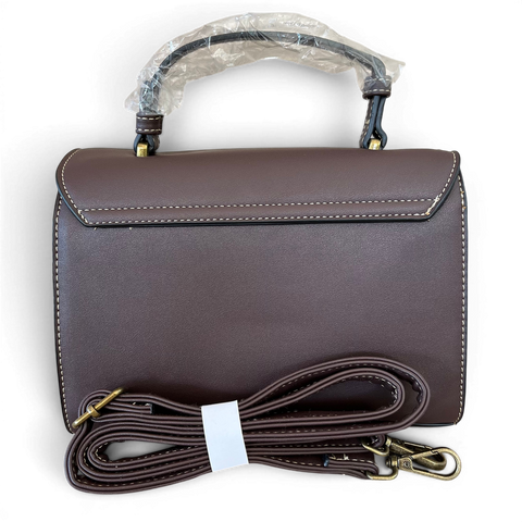 Coffee brown PU leather Cotton Road handbag with embossed botanical panel and antique brass hardware