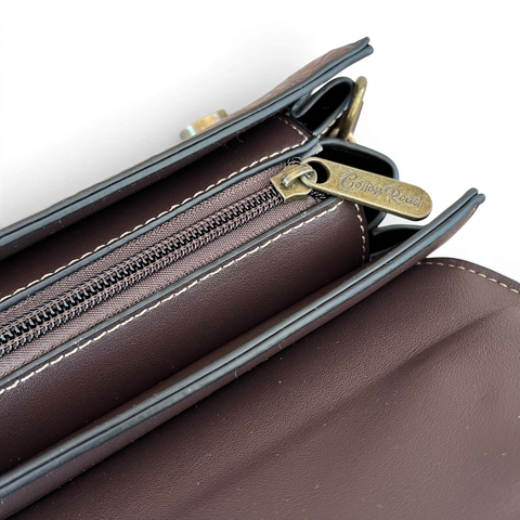 Cotton Road Coffee Brown PU Leather Handbag with embossed botanical panel and antique brass hardware