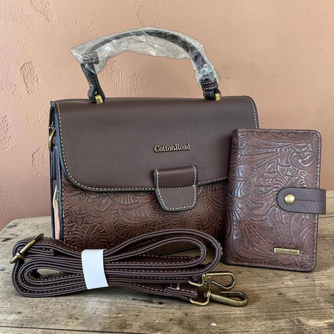 Cotton Road Coffee Brown Embossed PU Leather Handbag and Matching Wallet Set with botanical design and antique brass hardware