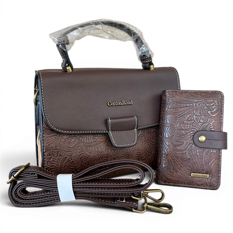 Cotton Road Handbag coffee brown embossed PU leather with matching wallet and adjustable strap