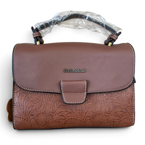 Cotton Road Handbag brown PU leather with embossed botanical panel and antique brass hardware