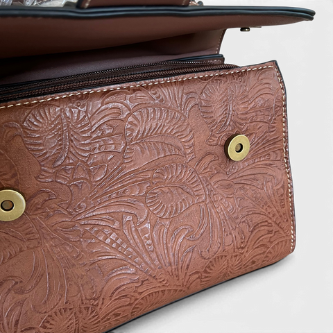 Cotton Road Handbag brown PU leather with embossed botanical panel and antique brass hardware