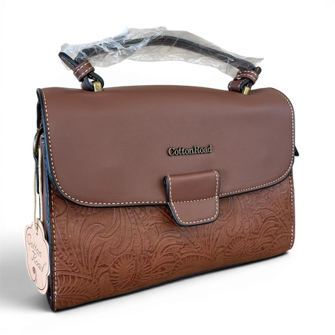 Cotton Road Handbag brown PU leather with embossed botanical panel and brass hardware