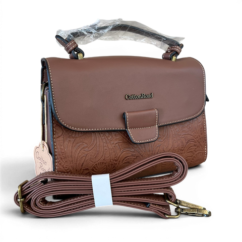 Brown Cotton Road handbag in PU leather with embossed botanical panel and antique brass hardware