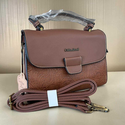 Cotton Road Handbag brown PU leather with embossed botanical panel and antique brass hardware