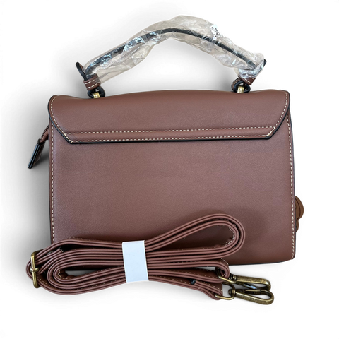 Brown Cotton Road Handbag in PU leather with embossed botanical panel and antique brass hardware