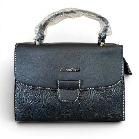 Cotton Road Handbag black PU leather with embossed botanical panel and antique brass hardware