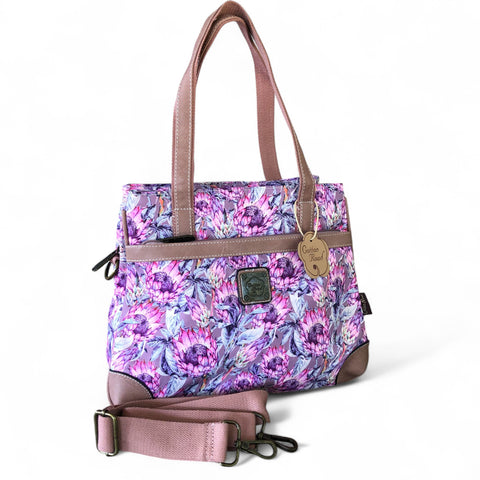 PINK CANVAS Cotton Road Handbag with PROTEAS and PU LEATHER TRIM