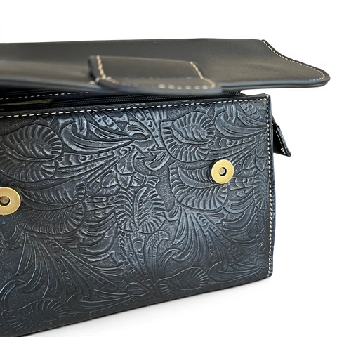 Cotton Road black PU leather handbag with embossed botanical panel and antique brass hardware