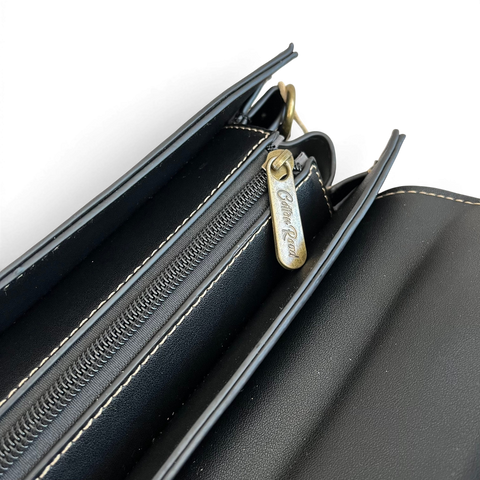 Cotton Road Handbag black PU leather with embossed botanical panel and antique brass hardware