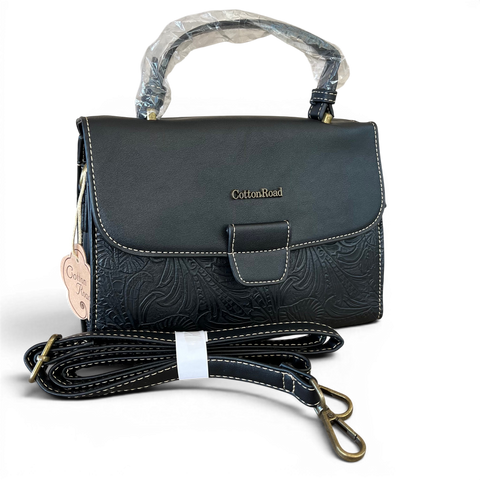 Cotton Road handbag black PU leather with embossed botanical panel and brass hardware
