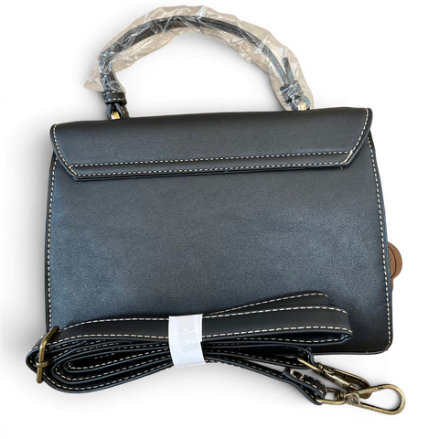 Cotton Road Handbag black PU leather with embossed botanical panel and antique brass hardware
