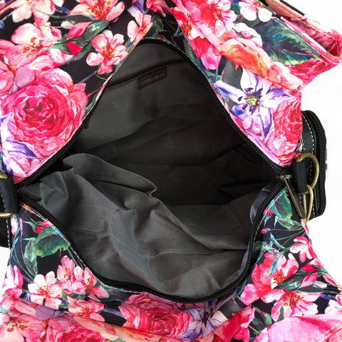 Cotton Road Floral Canvas Handbag with BLACK PU Leather Trim