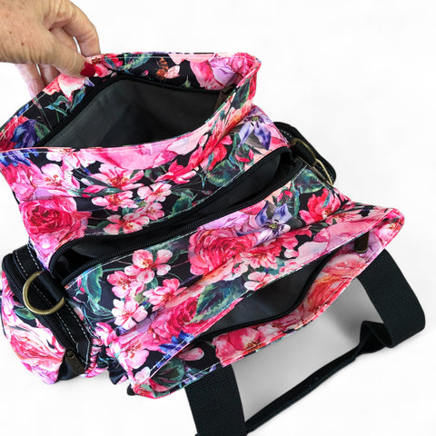 Cotton Road Floral Canvas Handbag with BLACK PU Leather Trim