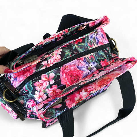 Cotton Road Floral Canvas Handbag with BLACK PU Leather Trim