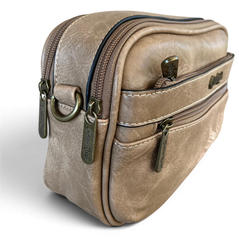 Cotton Road Khaki Protea PU leather sling bag with embroidered design and branded strap