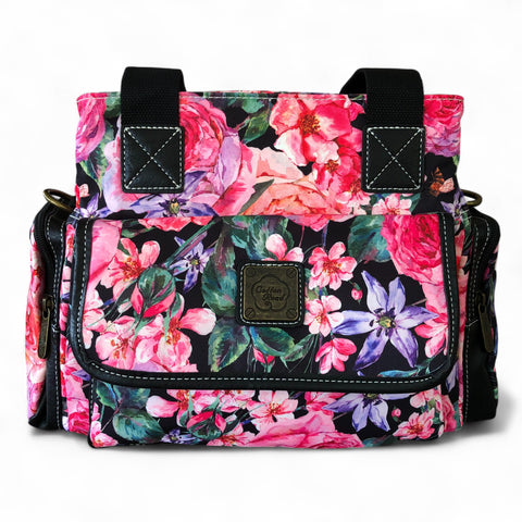 Cotton Road Floral Canvas Handbag with BLACK PU Leather Trim