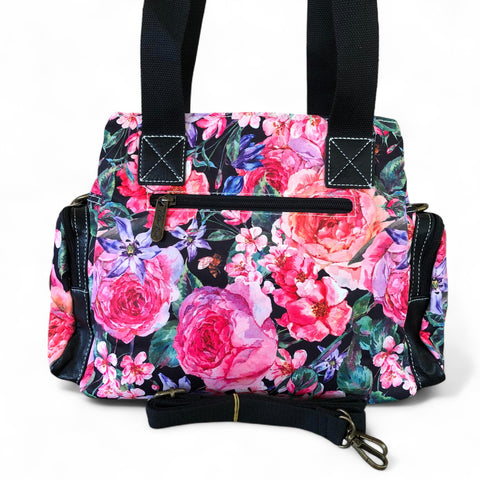 Cotton Road Floral Canvas Handbag with BLACK PU Leather Trim