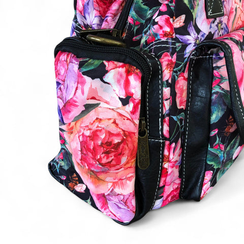 Cotton Road Floral Canvas Handbag with BLACK PU Leather Trim