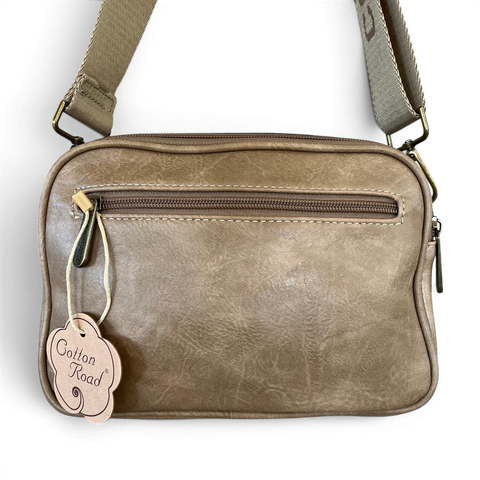 Cotton Road Sling Bag khaki PU leather crossbody with embroidered Protea and branded strap