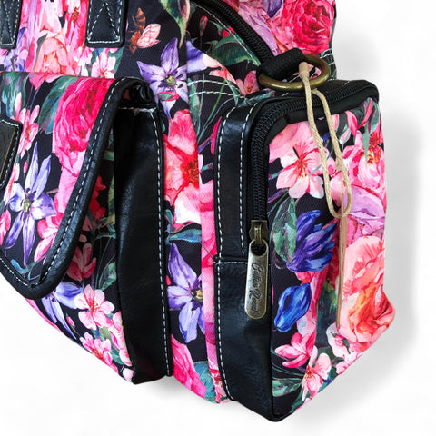 Cotton Road Floral Canvas Handbag with BLACK PU Leather Trim