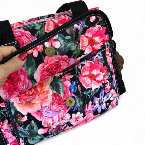 Cotton Road Floral Canvas Handbag with BLACK PU Leather Trim