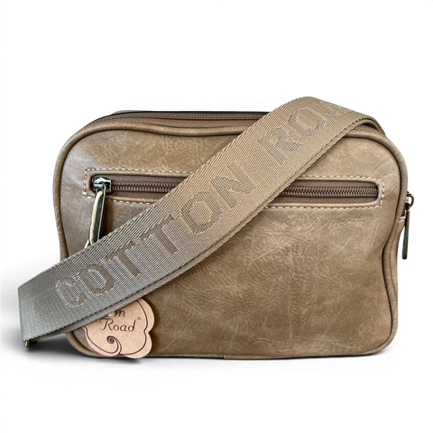 Cotton Road Sling Bag khaki PU leather crossbody with embroidered Protea design and branded strap