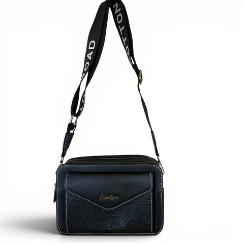 Cotton Road Sling Bag black PU leather with embossed design and branded strap