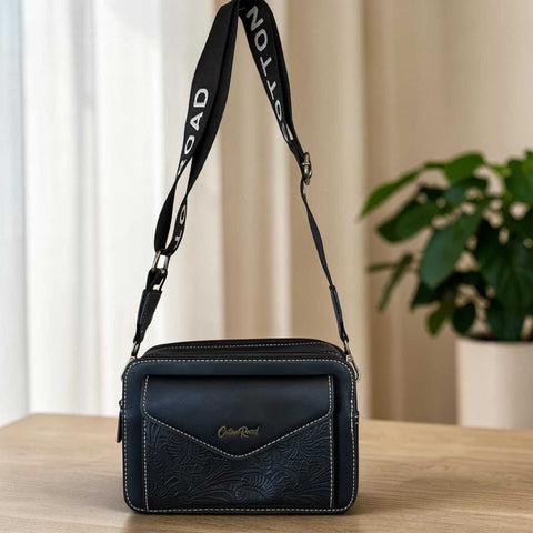 Cotton Road Sling Bag black PU leather with embossed design and branded strap