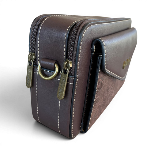 Cotton Road Sling Bag coffee brown PU leather with embossed design and branded strap