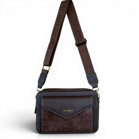 Cotton Road Sling Bag coffee brown PU leather with embossed design and branded strap