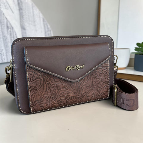 Cotton Road Sling Bag coffee brown PU leather with embossed design and branded strap