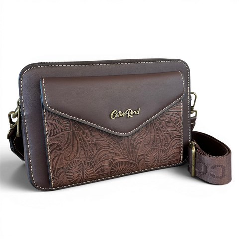 Cotton Road coffee brown PU leather sling bag with embossed design and branded strap
