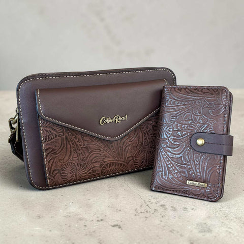Cotton Road Sling Bag coffee brown PU leather crossbody with embossed design and matching wallet set