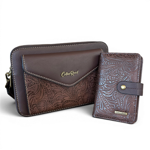 Cotton Road Coffee Brown PU Leather Sling Bag and Matching Wallet with embossed botanical design and antique brass hardware