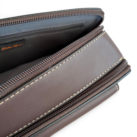 Cotton Road Sling Bag in coffee brown PU leather with embossed design and adjustable branded strap