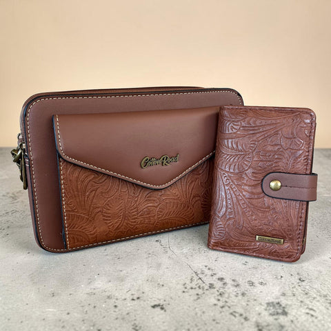 Cotton Road Sling Bag brown PU leather crossbody with embossed botanical design and matching wallet