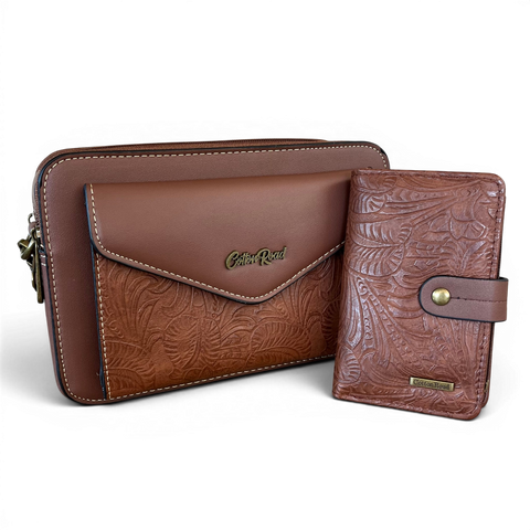 Cotton Road brown PU leather sling bag and matching wallet with embossed botanical design and multiple compartments