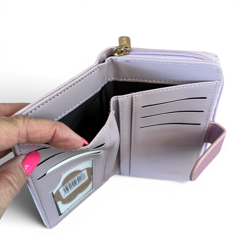 Cotton Road Wallet medium lilac floral PU leather with gold hardware and clip closure