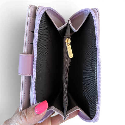 Cotton Road Wallet medium lilac floral PU leather with clip and gold hardware