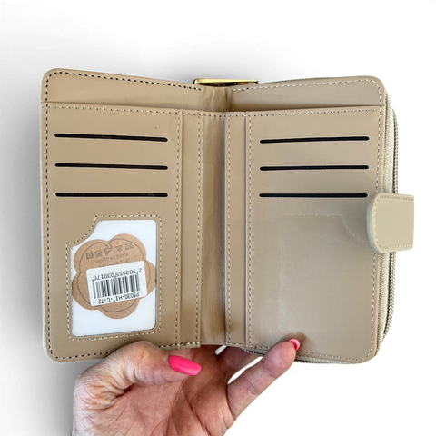 Cotton Road Wallet medium beige floral PU leather with gold-tone hardware and clip