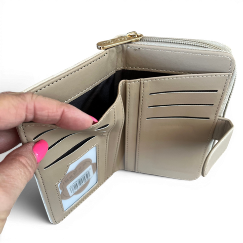Medium cotton road wallet in beige floral PU leather with gold-tone hardware and clip