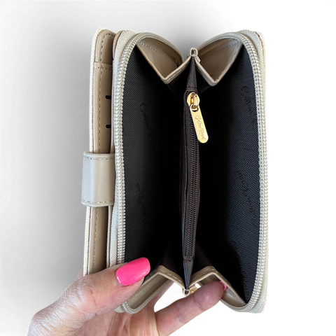 Cotton Road Wallet medium beige floral PU leather with gold hardware and clip