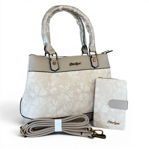 Cotton Road Beige Floral PU Leather Handbag and Matching Wallet Set with multiple compartments and antique brass hardware