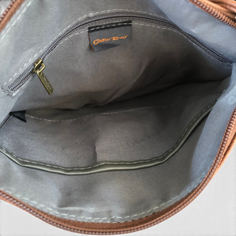 Cotton Road Sling Bag: Brown PU Leather Multi-Zip Crossbody Bag