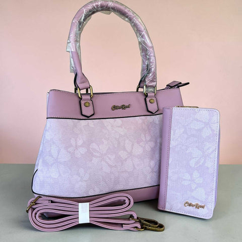 Cotton Road Handbag lilac floral PU leather with matching wallet and gold-tone hardware